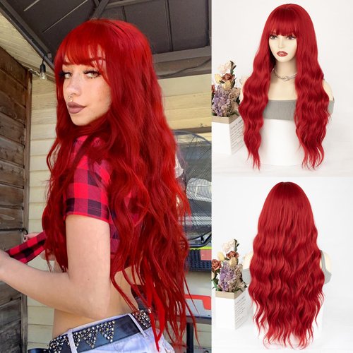 ENTRANCED STYLES Red Wig with Bangs Red Wigs for Women Synthetic Heat Resistant Fiber Wig Womens Wavy Wigs Long Curly Wig for Daily Cosplay Party (Red)