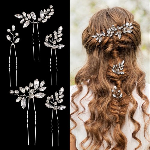 AOZUO 5 Pieces Wedding Rhinestone Hair Pins, Crystal Bride Hair Accessories Silver Flower Pearl Hair Jewelry French Bridal Hair Clips for Women Girls Updo Birthday Party Bridesmaids Headpieces