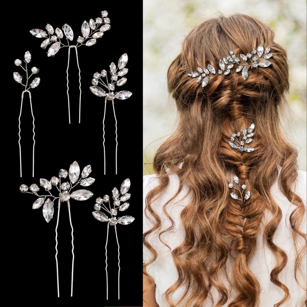 AOZUO 5 Pieces Wedding Rhinestone Hair Pins, Crystal Bride Hair Accessories Silver Flower Pearl Hair Jewelry French Bridal Hair Clips for Women Girls Updo Birthday Party Bridesmaids Headpieces