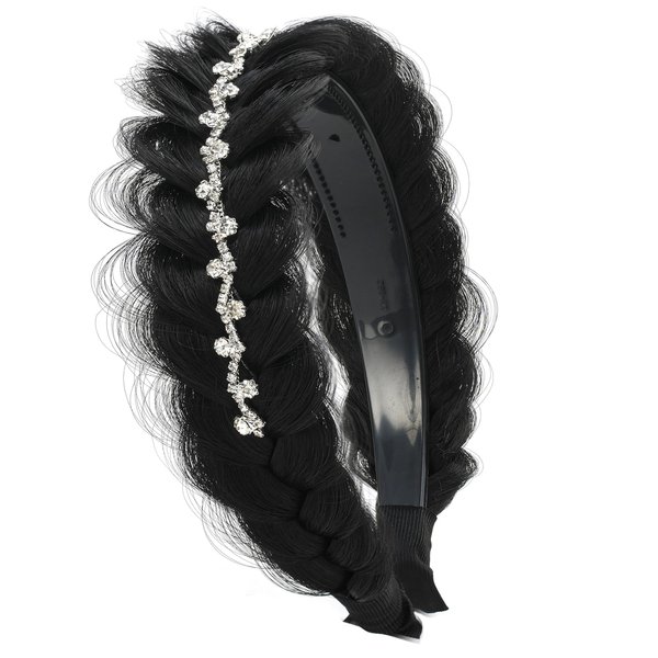 TOECWEGR Wide Messy Braided Headband with Teeth Synthetic Braided Headband Twisted Braid Fishtail with Crystal Embellishments Accessories for Girl and Women
