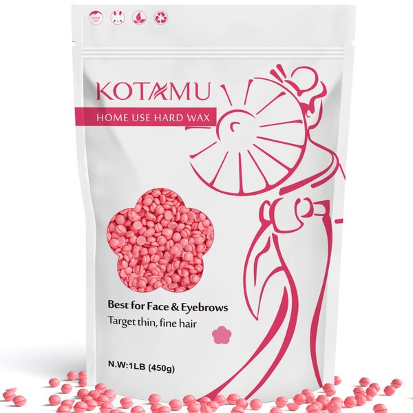 KOTAMU Hard Wax Beads for Hair Removal, 1LB Pink Waxing Beads for Eyebrow and Facial