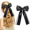 TUCEWP Black Satin Hair Bow for Women Girls Long Ribbon Bowknot Spring Hair Clips for Thick Curly Hair Big Lace Bow Ponytail Holder Nonslip Metal Hair Barrette Snap Hairpins Sweet Hair Accessories