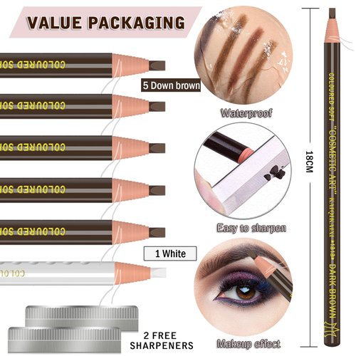 KAIQIKAIXI 6Pcs Dark Brown Waterproof Eyebrow Pencils Makeup Set For Marking, Filling And Outlining, Tattoo Makeup And Microblading Supplies Kit-Hard Refills Are Easy To Color (Dark Brown)