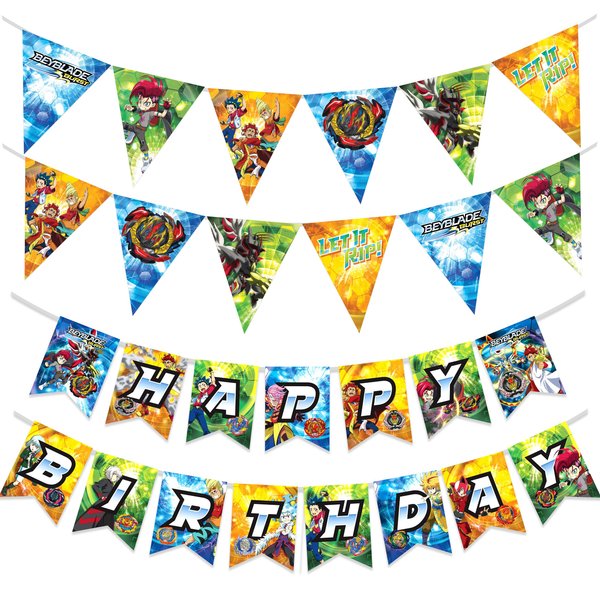 Treasures Gifted Officially Licensed BEYBLADE BURST Party Supplies - BEYBLADE Banner Set of 3 - (1) BEYBLADE Banner & (2) Triangle Pennants - BEYBLADE Birthday Party Supplies - BEYBLADE Party Supplies