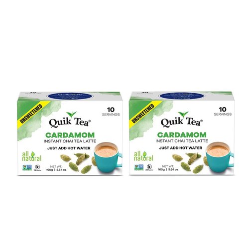 QuikTea Unsweetened Cardamom Chai Tea Latte - 20 Count (2 Boxes of 10 Each) - Packaging May Vary - All Natural Preservative Free Authentic Chai from Assam & Darjeeling