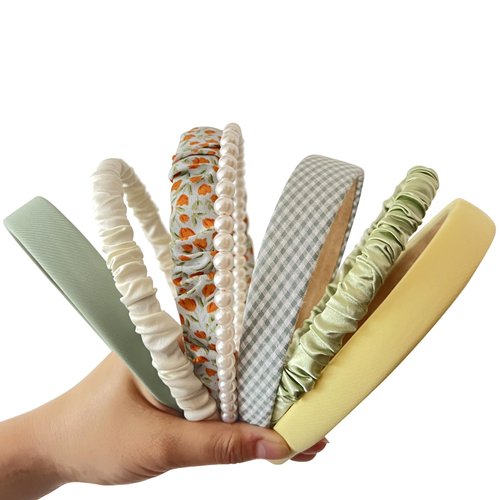 YONOY 7Pcs Fashion Headband Sets for Women Girls,Different Designs Headbands for Women Girls,Non Slip Floral Headbands Cute Pearl Headband for Girls Vintage Wide Headbands Set（Green）