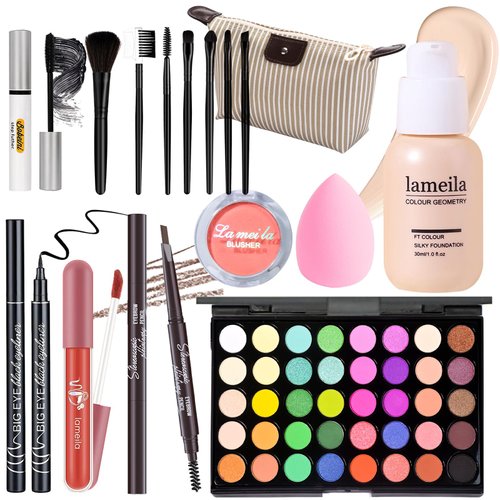 YBUETE Makeup Set Full Kit for Girls Teens Women, Makeup Present Set, Includes Eyeshadow, Foundation, Blusher, Eyebrow Pencil, Mascara, Eyeliner, Brushes, Lip Gloss, Sponge, Cosmetic Bag