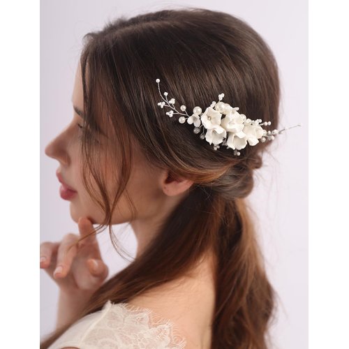 Rumtock White Flower Beads Hair Comb Side Headpiece for Wedding Brides Women Hair Accessories
