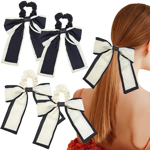 4 PACK Silk Satin Hair Bow Scrunchies, Black White Ponytail Holders Hair Ties, Vintage Chiffon Hair Ties with Bow Accessories, Bow Ponytail Holder Hair Accessories for Women