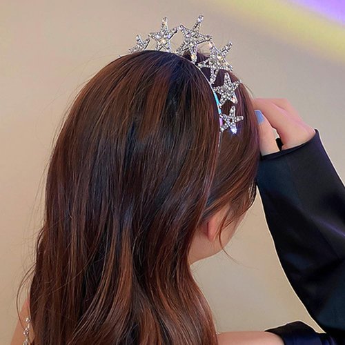 Jumwrit Silver Rhinestone Headband Glitter Metal Five-Pointed Star Headband Nonslip Thin Princess Hair Band Christmas Party Headpiece for Women Girls(Style 2)