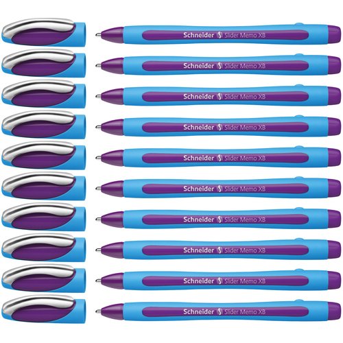 Schneider Slider Memo XB (Extra Broad) Ballpoint Pen, 1.4 mm, Light Blue Barrel, Violet Ink, Box of 10 Pens (150208)