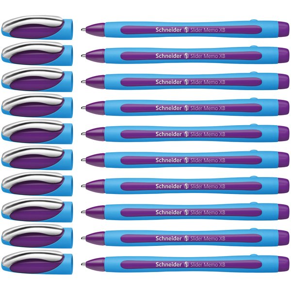 Schneider Slider Memo XB (Extra Broad) Ballpoint Pen, 1.4 mm, Light Blue Barrel, Violet Ink, Box of 10 Pens (150208)