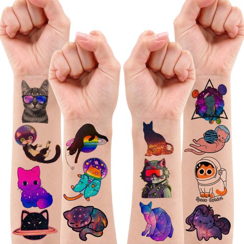 92 PCS Funny Space Cat Temporary Tattoos Stickers Theme Birthday Party Decorations Supplies Favors Decor Cute Galaxy Cats Astronaut Star Tattoo Sticker Gifts For Kids Girls Boys School Prizes Carnival