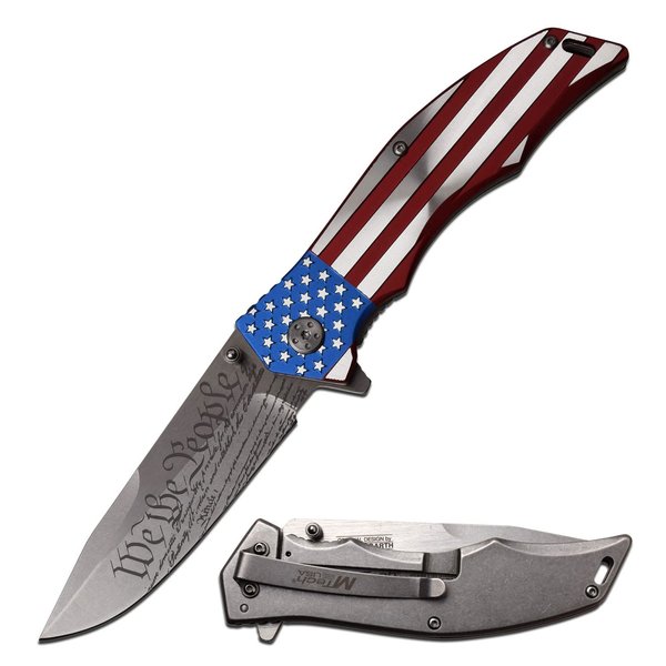 MTech USA Xtreme – Spring Assisted Open Folding Knife – Satin Finish Blade with “We the People” Etching, Anodized Color US Flag Aluminum Handle, Pocket Clip, EDC, Tactical – MX-A849CL