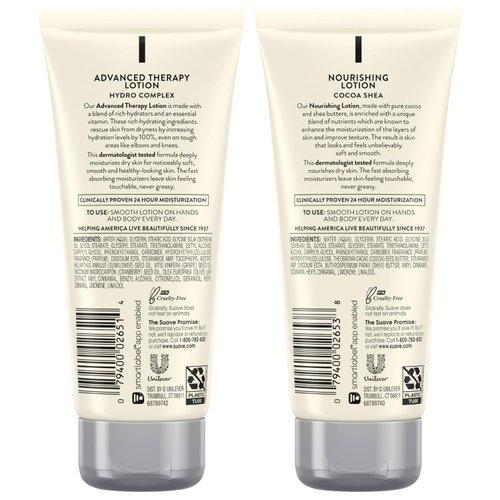Suave Lotion Variety Pack – Advanced Therapy Hydro Complex & Nourishing Lotion Cocoa Shea, Moisture-Rich Body Lotion for Extremely Dry Skin, 3 Oz Ea (2 Piece Set)