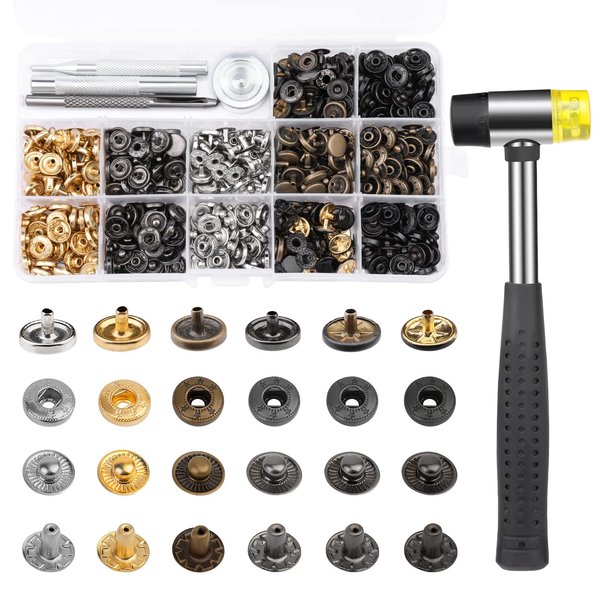 TLKKUE 120 Sets Leather Snap Fasteners Kit, Snap Buttons with Rubber Hammer, 10mm Metal Snap Buttons Press Studs with 4 Setting Tools, 6 Color Leather Snaps for Clothes, Jackets, Jeans Wears, Bags
