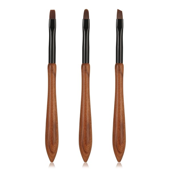 3pcs Nail Polish Clean Up Brushes, Gel Nail Polish Remove Brushes with Round, Angled and Flat Head Manicure Cleaning Brushes for Nail Painting Art DIY Design (Sandalwood Handle)