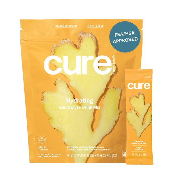 Cure Hydration | Plant-Based Electrolyte Drink Mix | No Added Sugar | Dehydration Relief Powder Made with Coconut Water | Non-GMO | Vegan | FSA & HSA | Pouch of 14 Packets - Ginger Turmeric