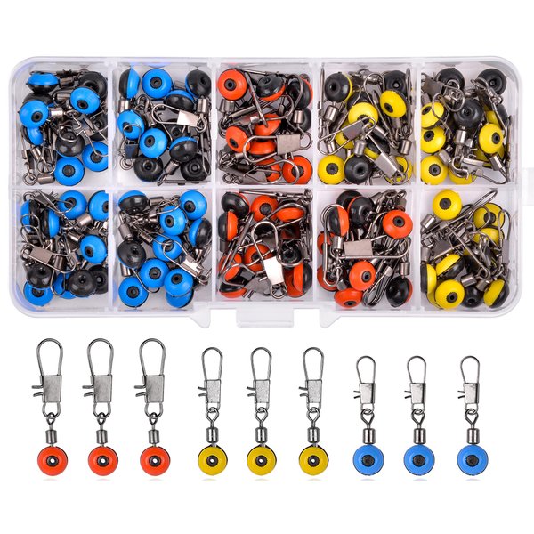 Fishing Line Sinker Slides Fishing Floats Connector Rolling Fishing Swivels with Interlock Snaps for Catfishing Braided Fishing Line (100pcs Kit)