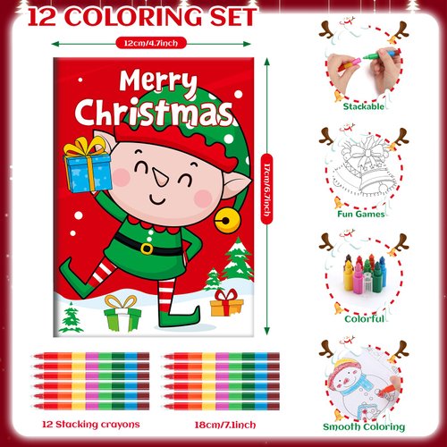 BenLouis Christmas Mini Coloring Activity Books Kids with Stacking Crayons Christmas Party Favors Bulk for Students Holiday Classroom School Gift Prizes Goodie Bags Stuffer （12set Activity ）