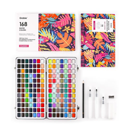 Grabie Watercolor Paint Set, Watercolor Paints, 168 Colors, Painting Set with Coloring Book, Water Brushes and Drawing Pencil, Art Supplies, Perfect Starter Kit for Watercolor Painting