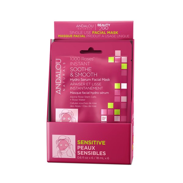 Andalou Naturals, 1000 Roses, Instant Soothe & Smooth Sheet Mask, Single Face Mask, 0.6 oz, (Pack of 6)