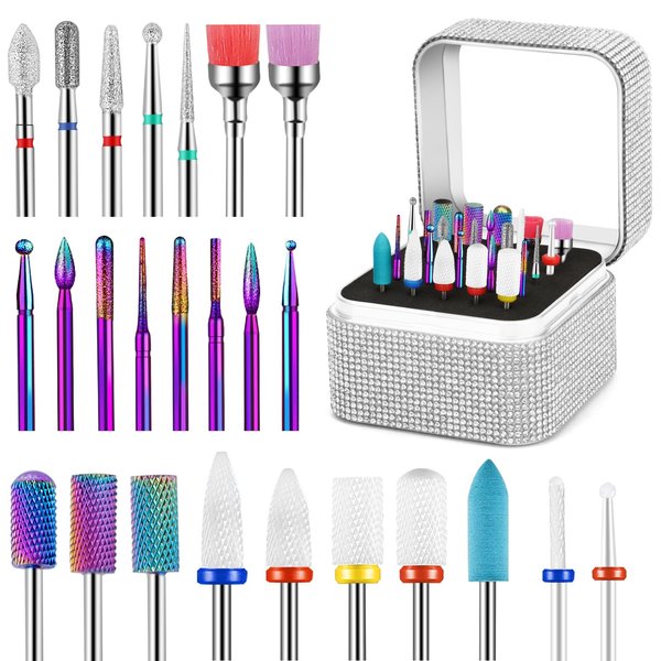 25Pcs Nail Drill Bits Set with Rhinestone Nail Drill Bits Holder, 3/32 Inch Nail Drill Bits for Acrylic Nails, Ceramic Diamond Carbide Cuticle Efile Remover Bits for Home Salon Acrylic Gel Nail