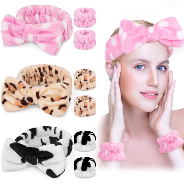 Lezmarket 9PCS Coral Headband for Washing Face with Wristband Kit,Bowknot Makeup Headband for Women Girls, Super Soft Spa Headband with Wristband for Face Washing,Skincare, Bathing, Yoga