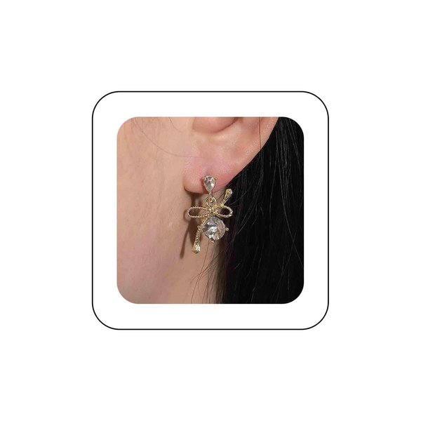 Sttiafay Vintage Rhinestone Bow Drop Earrings Gold Teardrop Crystal Earrings Round Cut Stud Earrings Bow Crystal Bridal Earrings Jewelry for Women