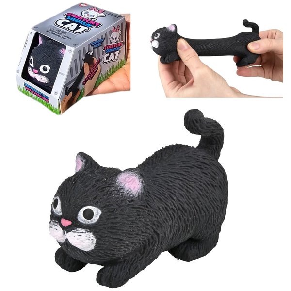 Squishy Stretchy Cat (3.5" to 6.5") Rubber Fidget Sensory Toy Filled with Sand. Great Stress Relief Cat Toy for Kids, Adults and Pets. (Black Cat)