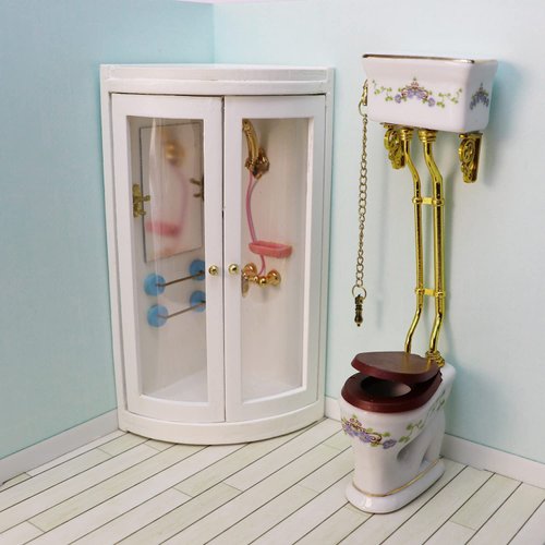 Dollhouse Shower Room Miniature Furniture Bathroom Accessories 1:12 Mini House Wooden White Cubicle House Corner Simulation Building Birch