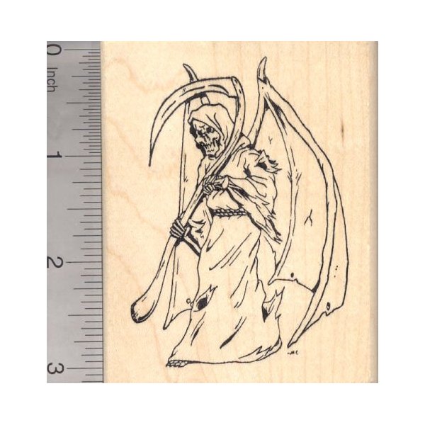 Grim Reaper Rubber Stamp, Angel of Death with Scythe Halloween
