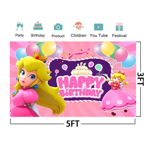 Princess Backdrop for Birthday Party Decorations Princess Peach Background for Baby Shower Party Cake Table Decorations Supplies Princess Peach Theme Banner 5x3ft