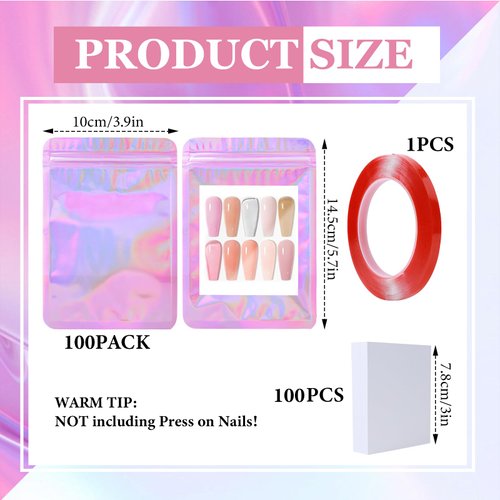 100PCS Press on Nail Packaging Bag and 100PCS White Cardboard Nail Tips Packaging Bags Empty Holographic Nail Storage Bags with 1 Roll Transparent Tape for Press on Nail Business (Pink, small)