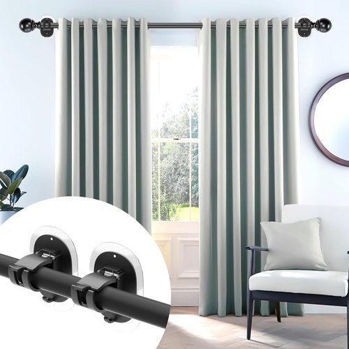 2 Pack No Drill Curtain Rod Brackets Self Adhesive Curtain Rod Holder No Drilling Curtain Rod Hooks Nail Free Adjustable Curtain Rod Holders Curtain Hangers for Bathroom Kitchen Renter Black
