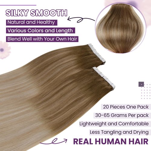 LaaVoo Tape in Hair Extensions Human Hair Ombre Light Brown to Ash Blonde Mix Platinum Blonde Balayage Hair Extensions Tape in Real Human Hair 16 Inch Tape in Extensions Straight Thick Ends 20pcs/50g