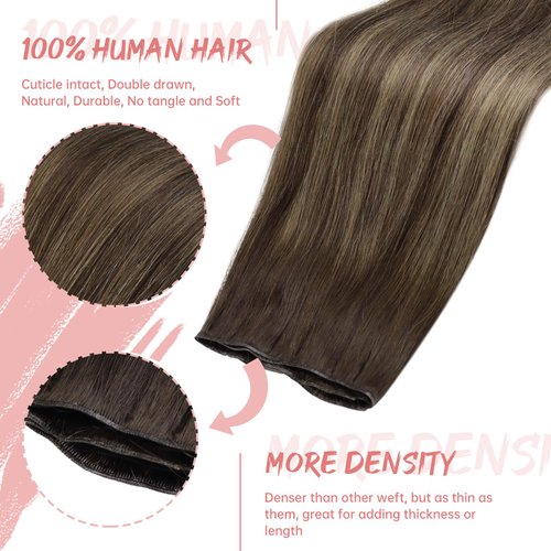 fshine Genius Weft Hair Extensions Human Hair - 20 Inch Balayage Dark Brown to Light Brown Mixed Dark Brown Hand Tied Genius Weft - Full Head Straight Real Hair Bundle Sew in hair Extensions 60g