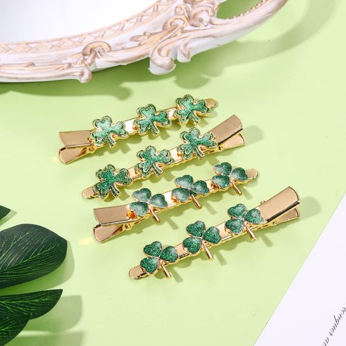 St.Patrick's Day Hair Clips Glitter Shamrock Clover Hairpins Green Charm Lucky Leaf Hat Embellished Gold Alligator Hair Clips for Party Gift