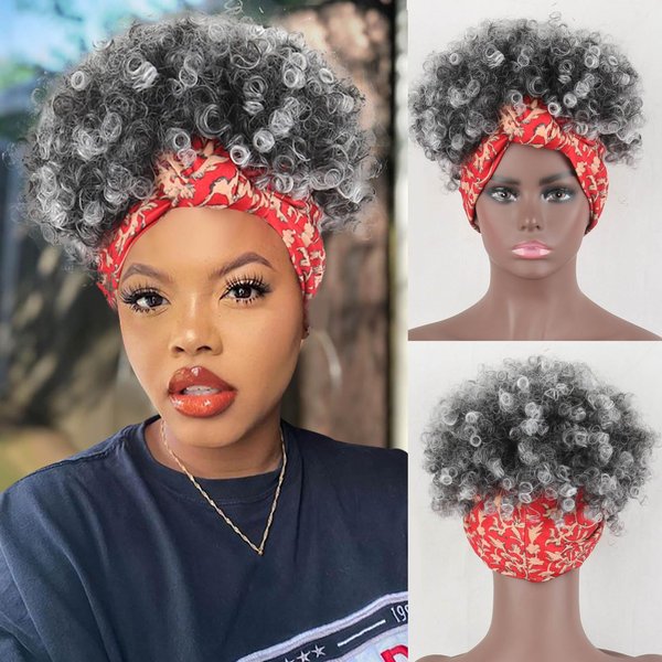 LEOSA Grey Headband Wig Afro Kinky Curly Wig with Headband Attached Silver Headband Wig for Women Short Curly Afro Wig Synthetic Gray Ombre Wig Curly Real Hair Glueless Wig Gray Hair Wigs 4Inch