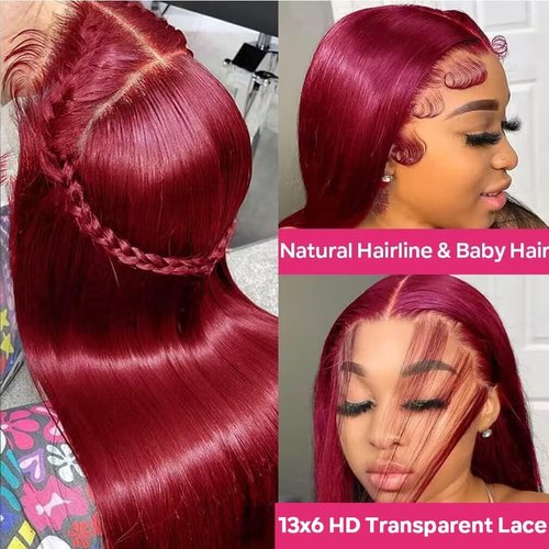 CHEETAHBEAUTY 99J Burgundy 13X6 Lace Front Wigs Human Hair 250% Density Straight Human Hair Wigs HD Transparent Lace Front Wigs for Black Women with Bleached Knots Natural Hairline (24inch)