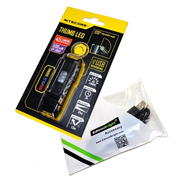 Bundle: Nitecore THUMB LEO 45 lumen LED/UV USB rechargeable tilt head worklight (White/Red) and EdisonBright brand USB charging cable