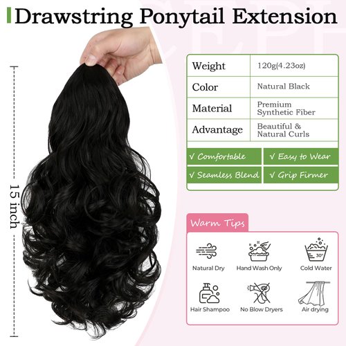 Cephermer Ponytail Extension, 15 Inch Drawstring Ponytail, Natural Black Wavy Clip in Pony Tails Hair Extensions Natural Looking Synthetic Hairpiece for Women Daily Use party