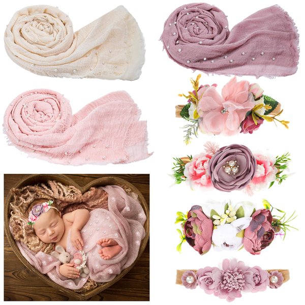 Buryeah 7 Pcs Baby Photoshoot Props Wrap Kit Includes 3 Pcs 66.9 x 35.4'' Newborn Photography Props 4 Pcs Baby Flower Headband Baby Photo Props for Baby Boy Girl Infant Toddler
