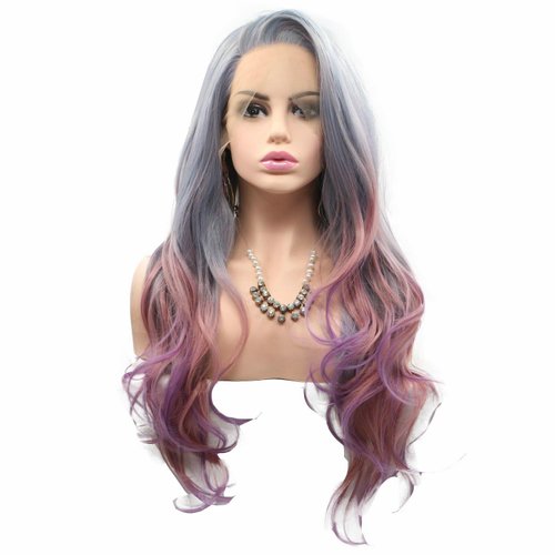 Side Part Long Hair Blue Green Grey Purple Pink Mixed Colour Synthetic Lace Front Wigs for Women Girls Replacement Party Cosplay Summer Wedding Wigs Mermaid Colourful Body Wave Natural Hairline 60cm