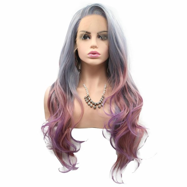 Side Part Long Hair Blue Green Grey Purple Pink Mixed Colour Synthetic Lace Front Wigs for Women Girls Replacement Party Cosplay Summer Wedding Wigs Mermaid Colourful Body Wave Natural Hairline 60cm
