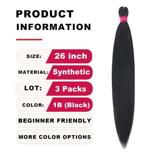 Yuzshuooxin Black Braiding Hair Pre Stretched 26 Inch Kanekalon Braiding Hair Extensions 3 Packs Synthetic Fiber Hair for Braids