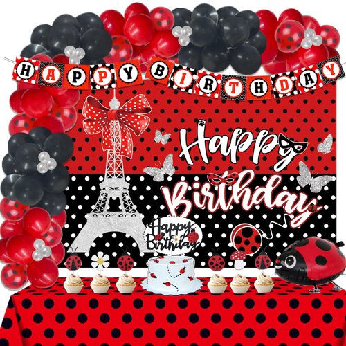 101 PCs Ladybug Birthday Party Decorations, Fiesec Ladybug Party Supplies Backdrop Balloon Garland Banner Tablecloth Cake Cupcake Topper Walking Balloon Polka Dots Red Black