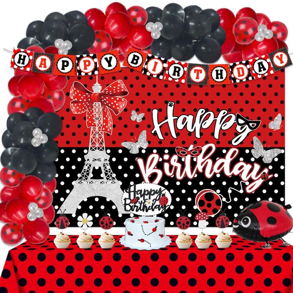 101 PCs Ladybug Birthday Party Decorations, Fiesec Ladybug Party Supplies Backdrop Balloon Garland Banner Tablecloth Cake Cupcake Topper Walking Balloon Polka Dots Red Black