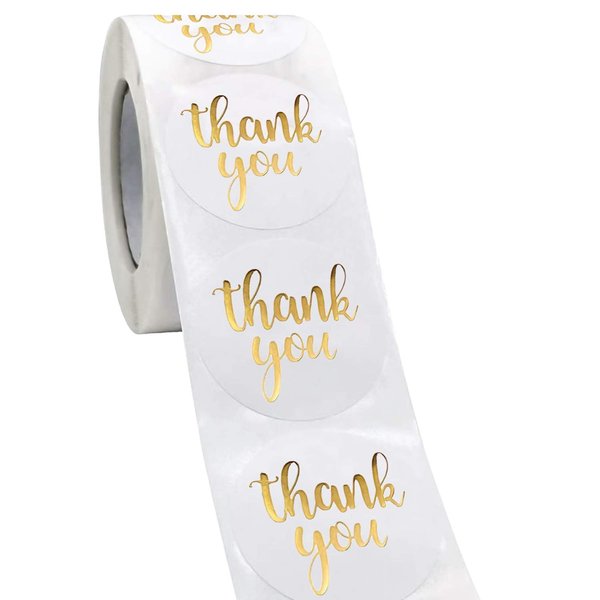 Thank You Label Sticker 1.5" Round, 500 Labels per Roll, Thank You Sticker for Birthday, Wedding, Gift, Bridal Shower Gold (White/Gold)