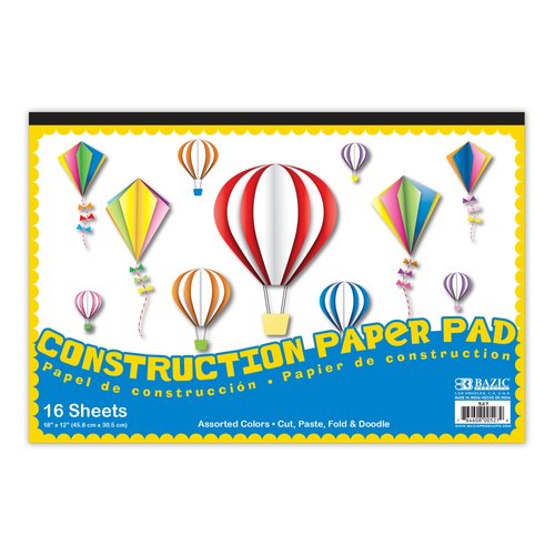 BAZIC Construction Paper Pad 16 Sheet 18" X 12", Assorted Colors, for Fold Cut Glue, Gift for Classrooms School Home DIY, 1-Pack